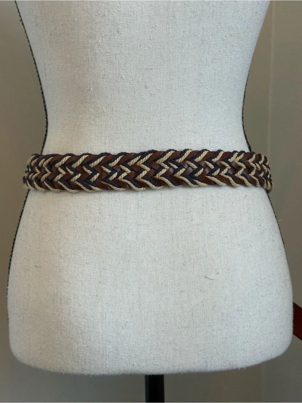 Lucky Brand Braided Leather Rope D Ring Belt Size 36 Brown Navy Cream Woven